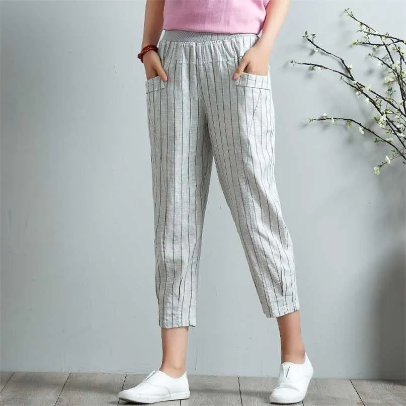 Pantalones de harén de lino de algodón Mujeres Primavera Verano Cintura alta Bolsillos a rayas Casual Elástico Pantalones de chándal Pantalones 211115