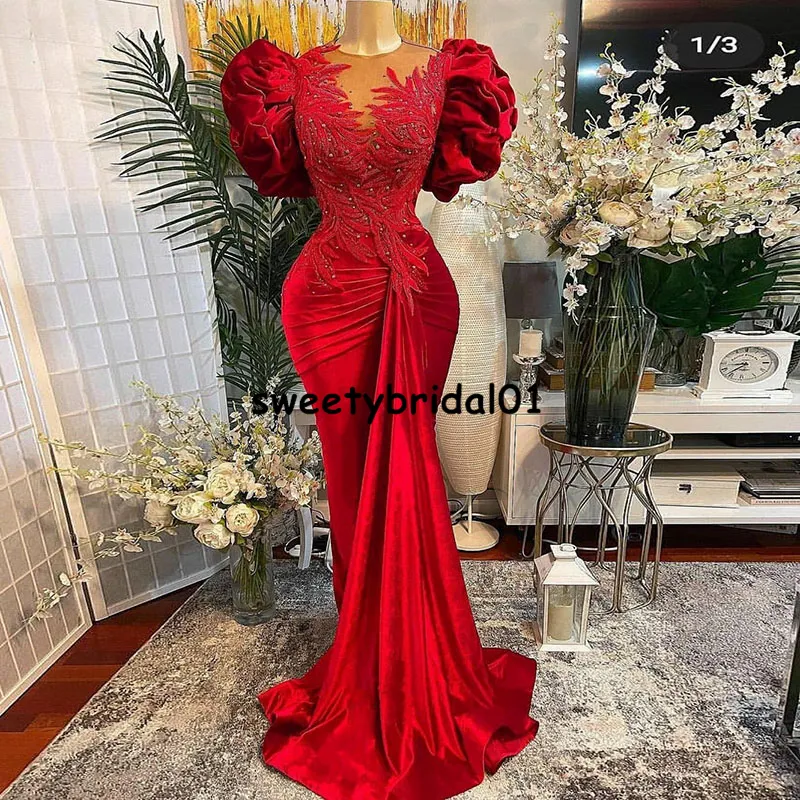 Rotes Abendkleid im Meerjungfrau-Stil mit Rüschenärmeln, Applikationen, Spitze, Abendparty-Kleider, Robe De Soiree Longue