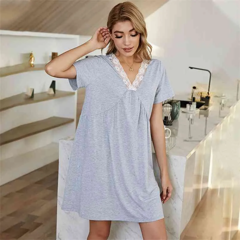 Abito t-shirt senza schienale sexy Abito casual da donna manica corta con scollo a V in pizzo patchwork allentato femminile a vita alta estate es 210522