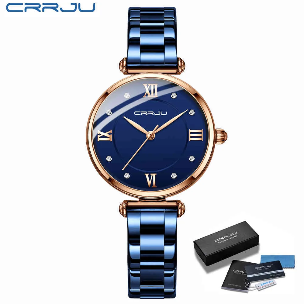 Dameshorloge CrRju Mode Luxe Blauw Horloge voor Dames Casual Waterdicht Quartz Dames Rvs Horloge Relogio Feminino 210517