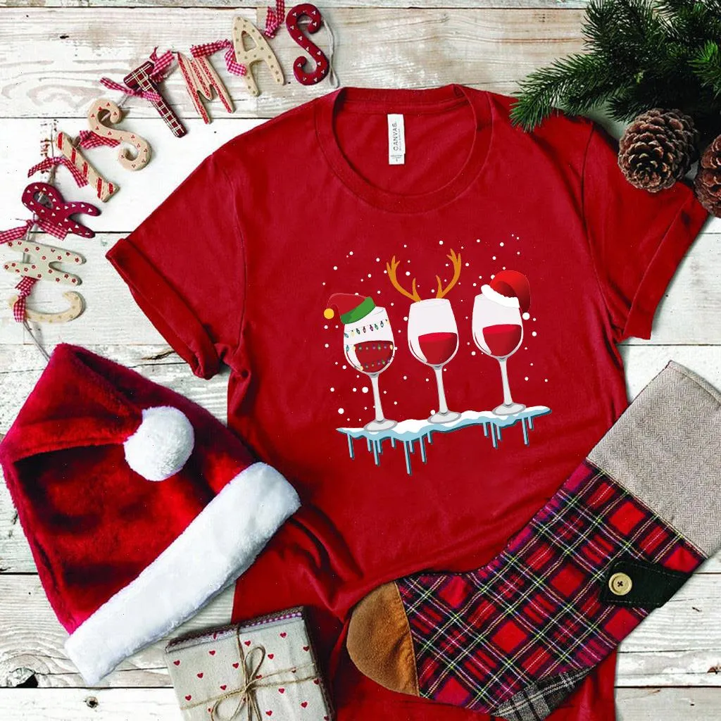 Kvinnor Casual Christmas Wine Glass T Shirt Tryckt T-shirt Lös rund halsplatta StreetWear Short Sleeve Kvinna