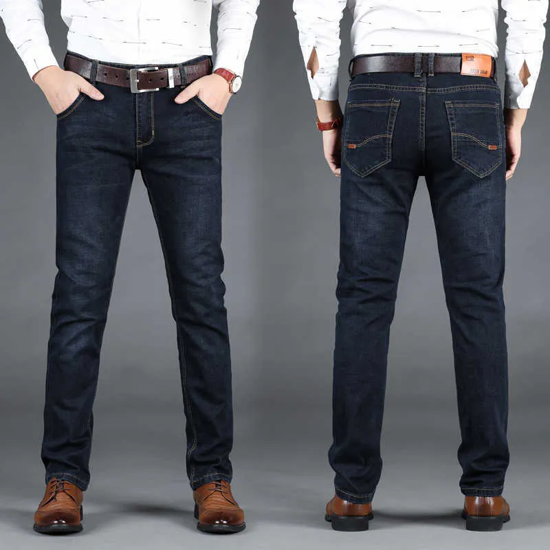 New Men Business Style Slim fit Straight Jeans Fashion Classic Blue Black male Stretch Casual denim trousers X0621