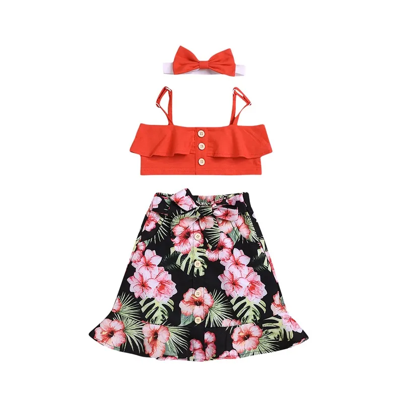 Les enfants en gros portent des filles jupe imprimée 3pcs / set enfants vêtements de marque filles bébé bandeau + haut + jupe bébé fille vêtements 2 styles 1225 B3