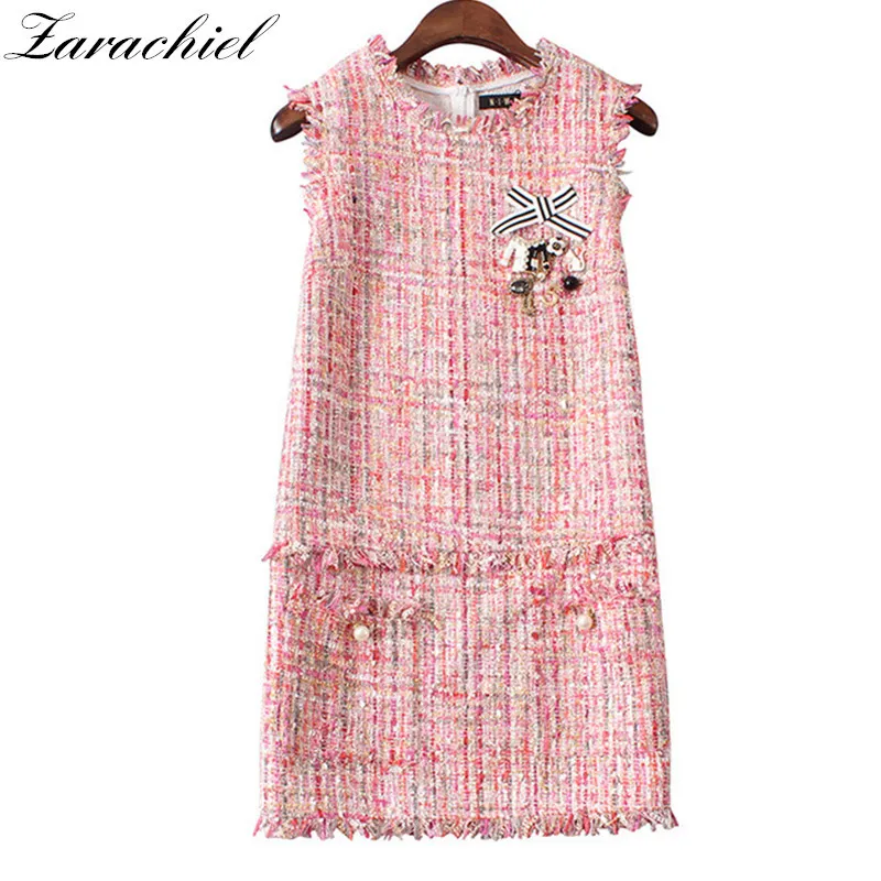 Europe Small Fragrant Ladies Women Winter Luxurious Beading Appliques Pink Tweed Wool Sleeveless Vest Mini Dress 210416