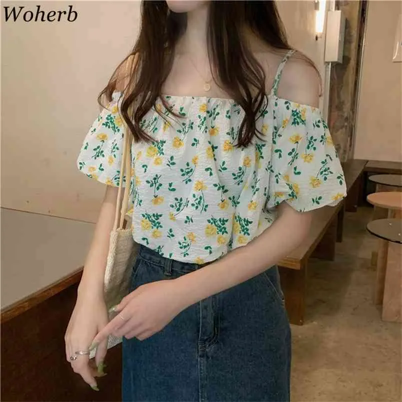 Fresh Floral Sling Shirts Kvinnor Sommar Slash Neck Off Shoulder Sexiga Toppar Koreanska Söt Eleganta Blusar Chic Blusas 210519