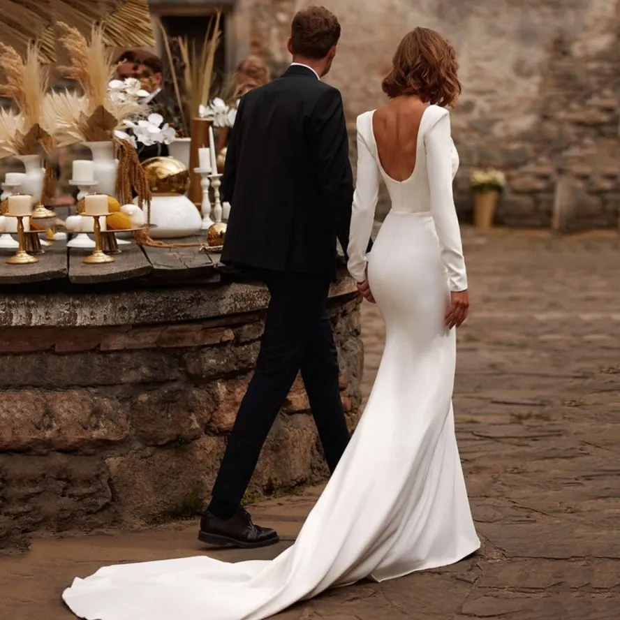 satin long sleeve backless wedding dress Boho Style Off Shoulder Satin Backless Wedding Dress With Long Sleeves -Simple Bridal Dress Plus Size