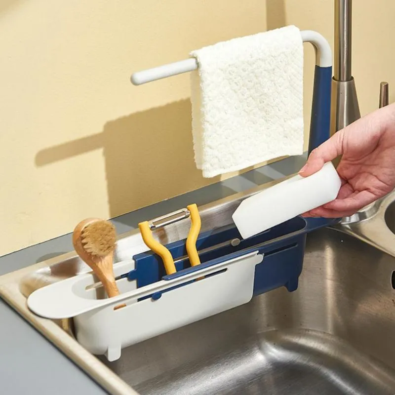 Hooks Rails Uitbreidbaar Opslag Sink Afvoermand Zeef met handdoekbar PP Keukenaanpassingsrek