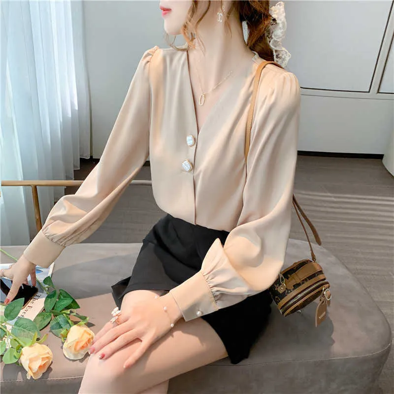 Blouses Women Chiffon for Long Sleeve Shirt Office Lady V-neck Blouse Top Plus Size Autumn Woman Solid Shirts XL 210531