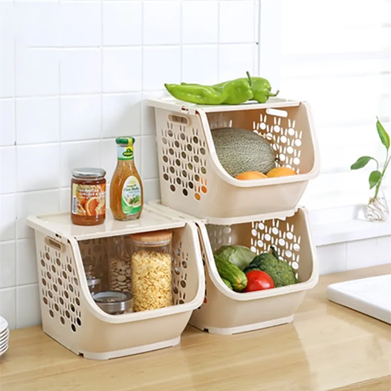 Kitchen Storage Basket Plastic Multifunctional Hollow Vegetable and Fruit Rack with Lid Box 210423