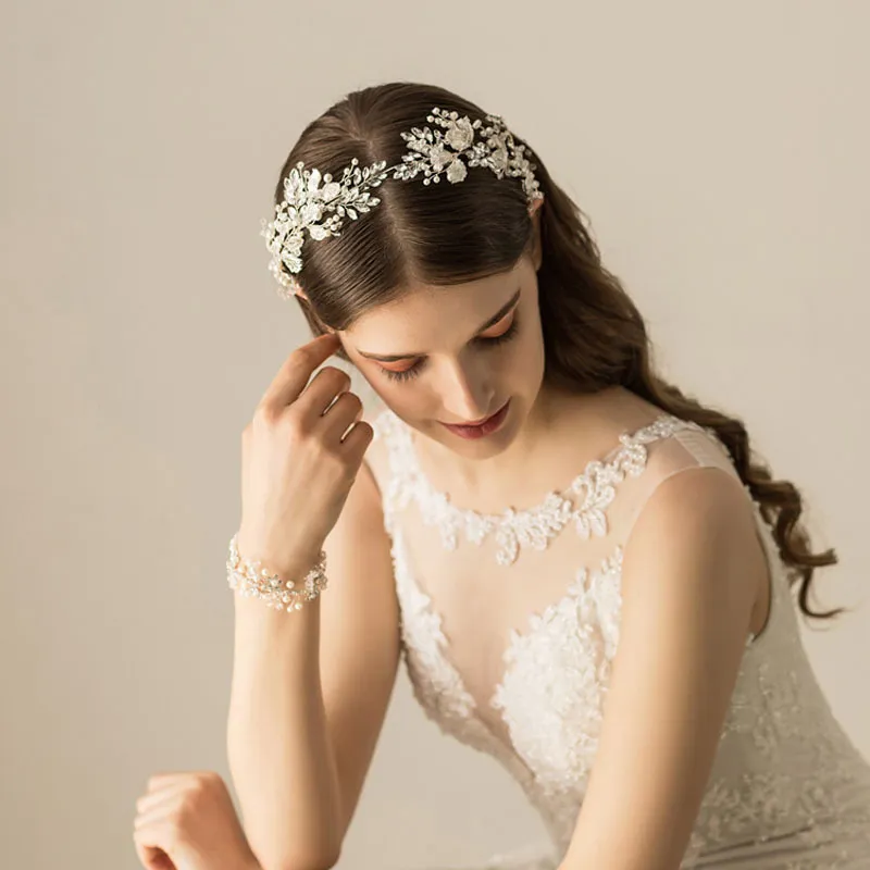 SLBRIDAL Handgjord Alloy Wired Rhinestones Crystal Pearls Bröllop Headband Bridal Vine Hair Tillbehör Kvinnor Smycken