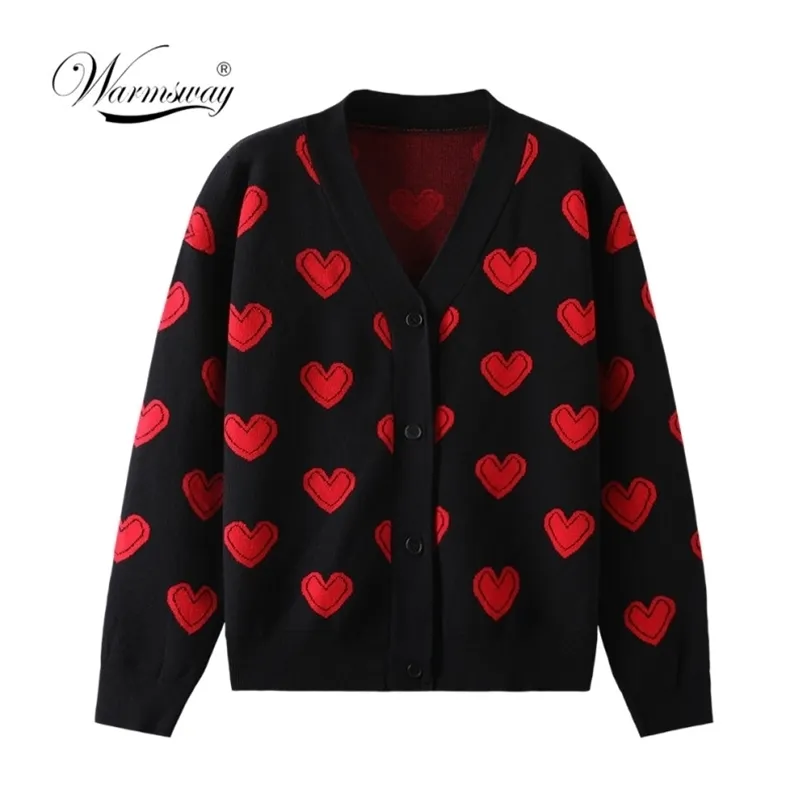 Love Heart Pattern Warm Sweater Jackets Spring Autumn Women Elegant Knitting Vintage V Neck Loose Thick Cardigan Coat C-110 211011