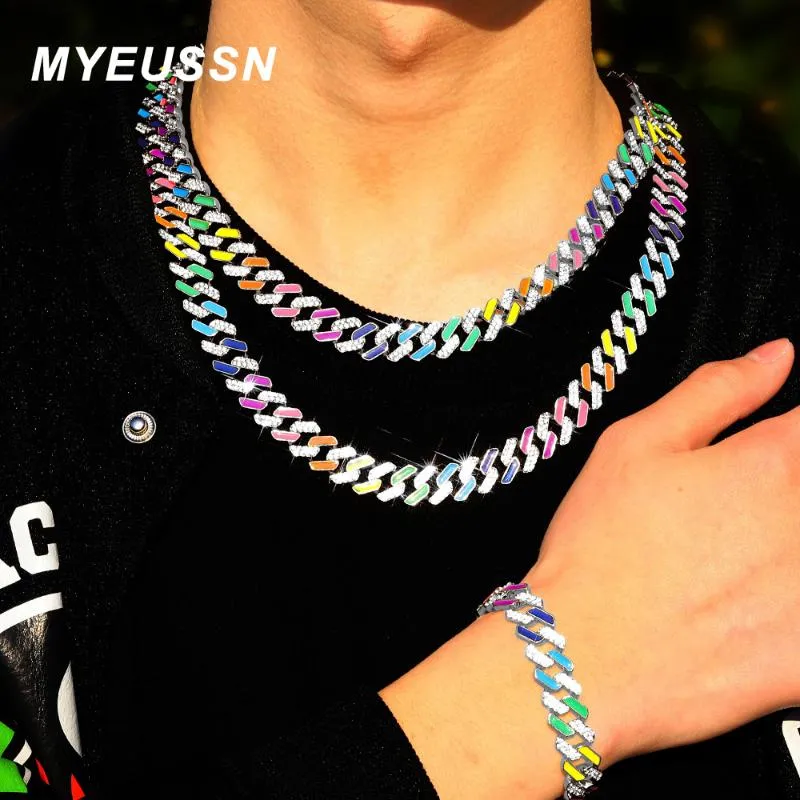 Kedjor 13mm Iced Out Kubanskt halsband Länkkedja Kvinnor Crystal Neon Färgglada Emalj Choker Suit Rainbow Bracelet Smycken