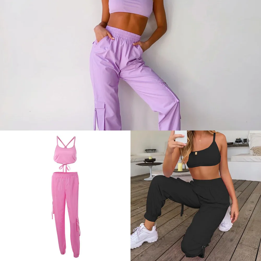 Summer Candy Różowy Dwuczęściowy Zestaw Kobiet Dopasowywanie Zestaw Top I Spodnie Kobiet Jogger Set Kobiety Różowy Strój Uprawowy Top I Joggers X0428