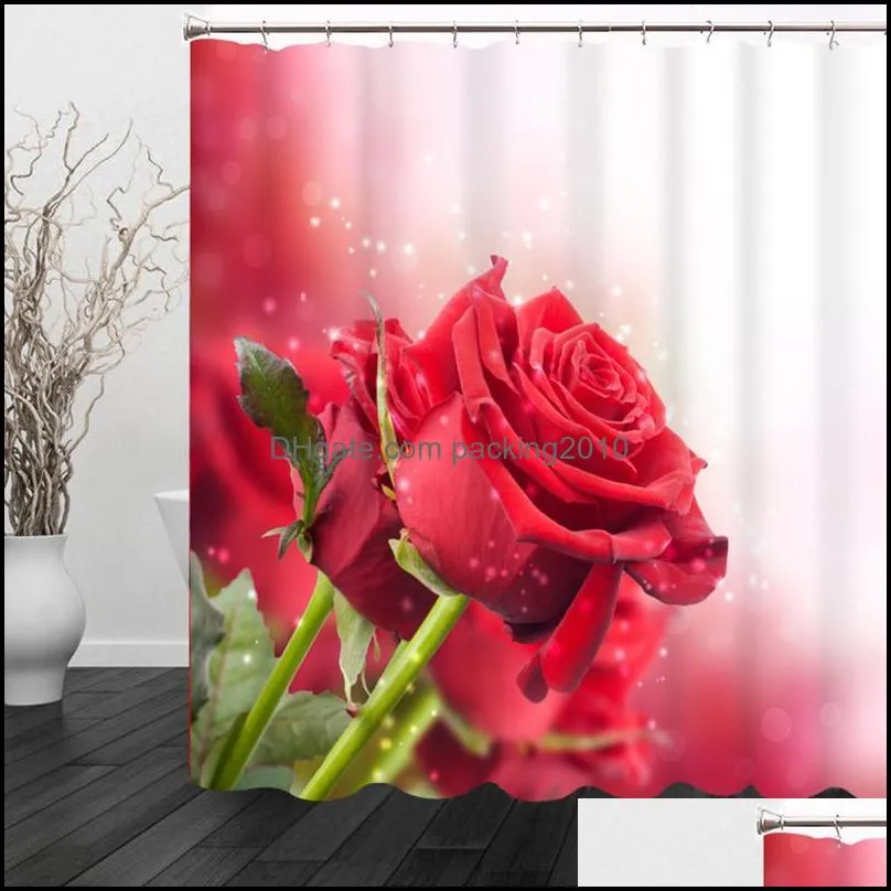 Sexy Red and Yellow Rose Flower Shower Curtains Valentine`s Day Wedding Room Bathroom Cloth Curtain Waterproof Bath Accessories