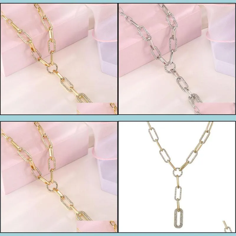 Gold Silver Color Paper Clip Thick Chain Necklace Female Sweater Accessories Shiny Rhinestone Stitching Clavicl sqcMXc luckyhat