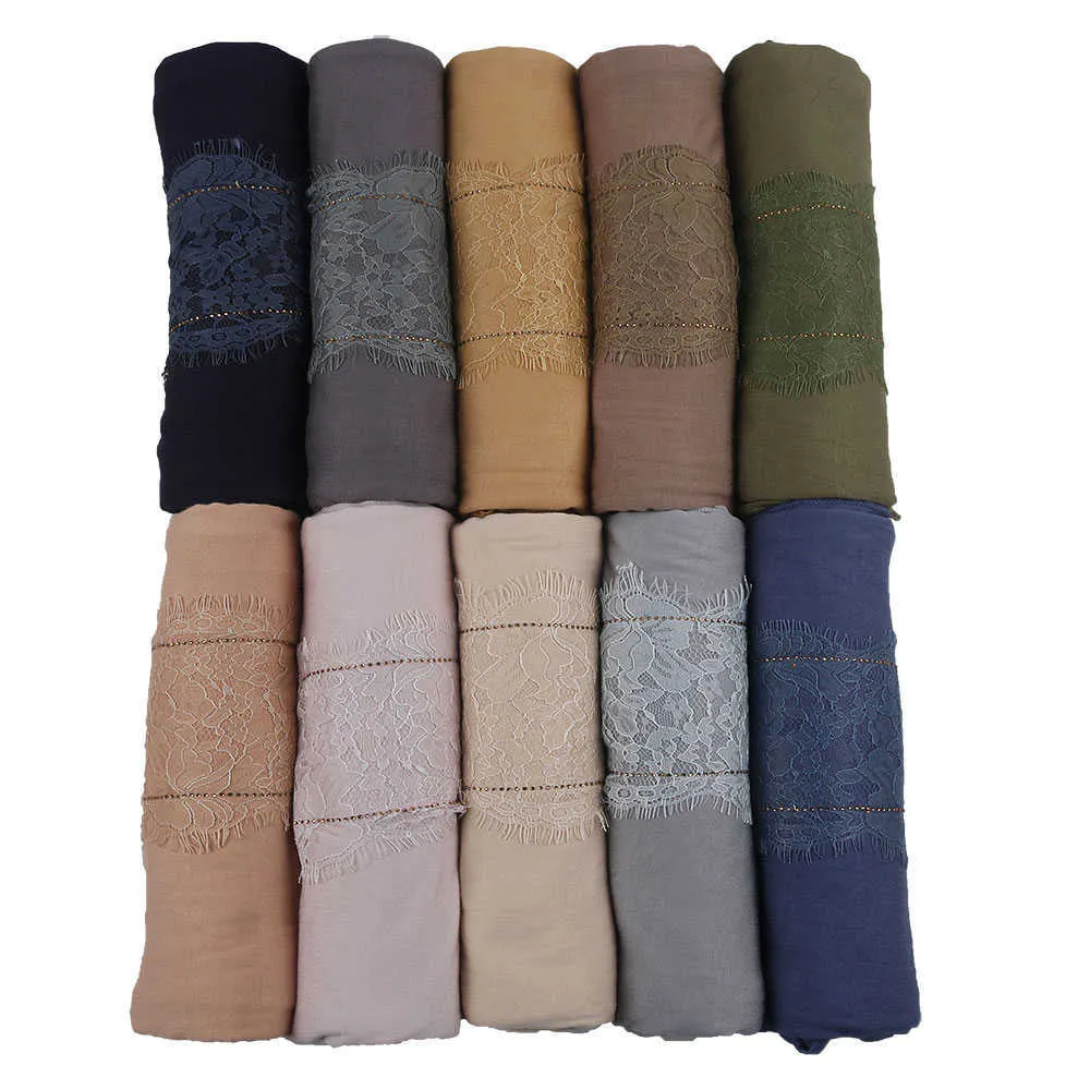 Smg Projeto 18 Linhas Pedras Stretchy Jersey Hijab Scarf com cílios Lace Soft Materail xales muçulmanos envoltórios Q0828