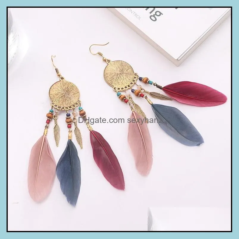 Autumn and winter earrings bohemian retro personality feather tassel earrings female long exaggerated ethnic style earrings