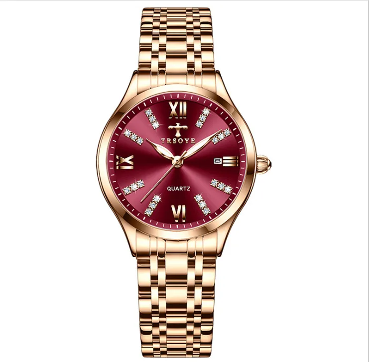 Trsoye Brand Wine Red Dial Light Luxury Womens Watch Hate Steel Steel Steam Ladies Takes Luminous Function Удивительные наручные часы