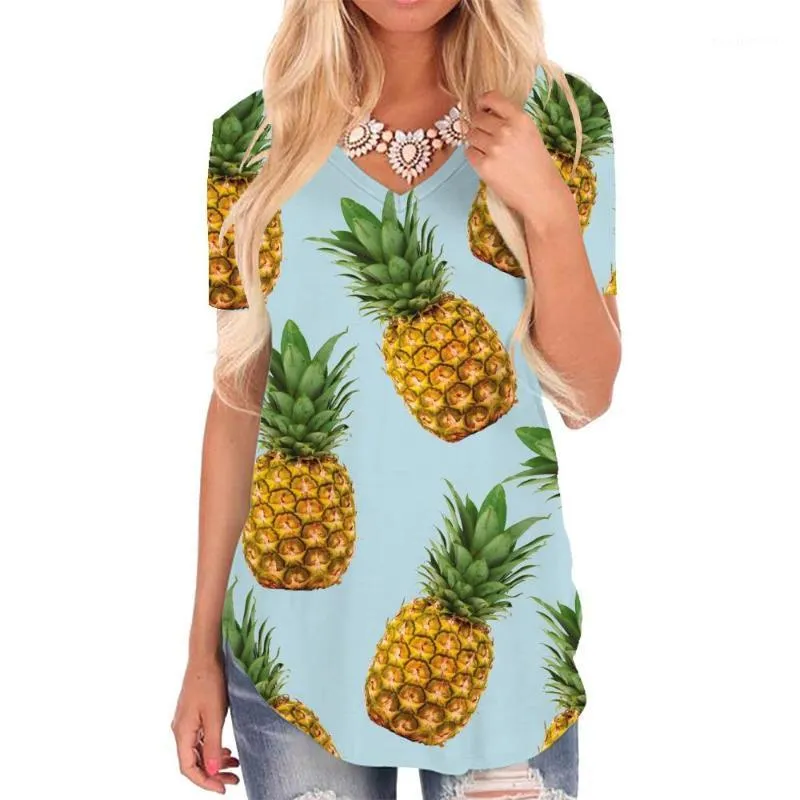 Kvinnors T-shirt Giyu Brand Ananas T-shirt Kvinnor Frukt V-Neck Tshirt Lovely Print Kvinnor Kläder Hip Hop Loose Style Hög kvalitet