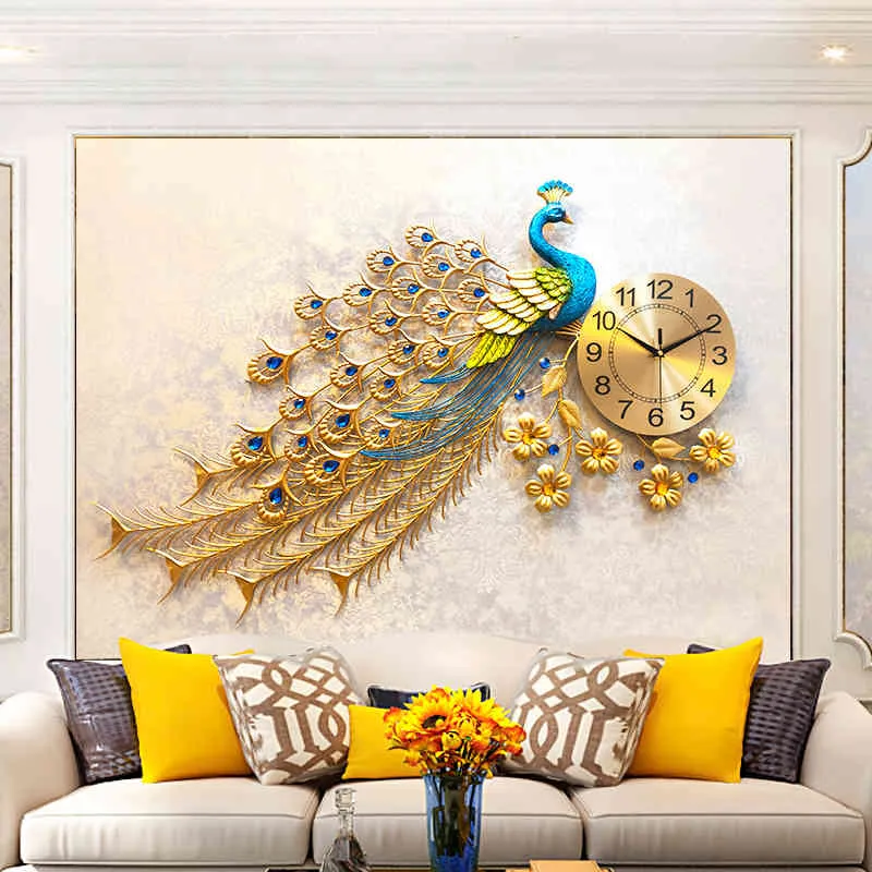 Mode Peacock Home Decor Montre Design moderne Salon Chambre Horloge silencieuse Horloge murale numérique en métal 210414