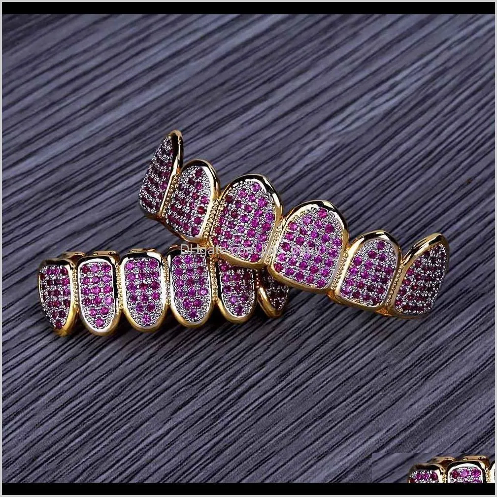 new custom fit hiphop gold teeth grillz caps micro pave fuchsia cubic zirconia top & bottom grills set for christmas gift women