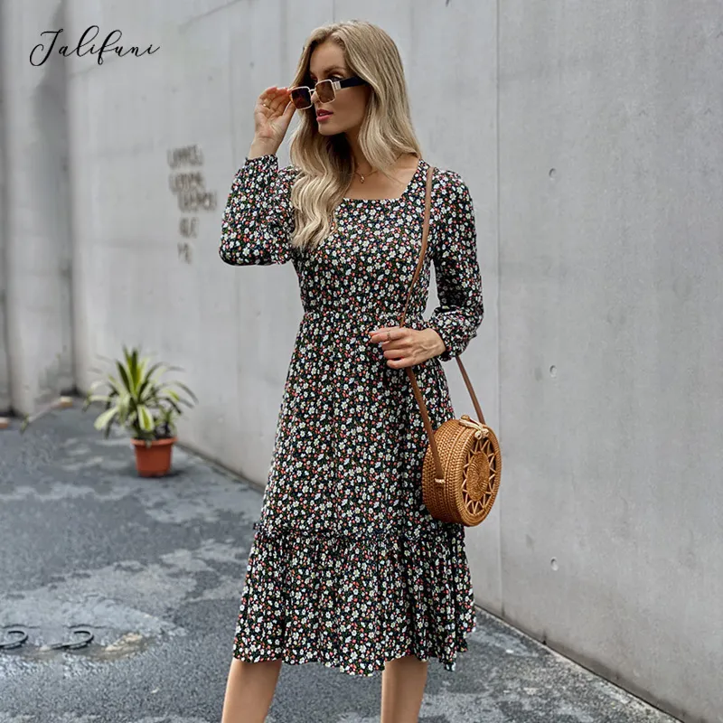 Abito lungo da donna Autunno manica lunga Elegante fiore Abiti con scollo quadrato Nero Vintage BOHO Party Abiti invernali per donna 210415