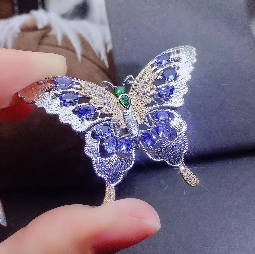 Натуральный синий танзанитовый кулон S925 серебристый натуральный драгоценный камень броши мода благодать бабочка подруга свадебные украшения