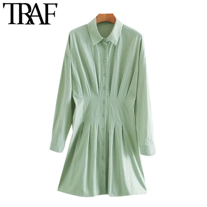 TRAF femmes Chic mode plissé ajusté Mini chemise robe Vintage à manches longues bouton-up femmes robes Vestidos Mujer 210415