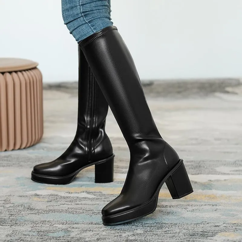 かかとの下の正方形女性用ブーツ膝2021年冬のソリッドカラーファッション温かい女性靴サイドジッパー368で快適