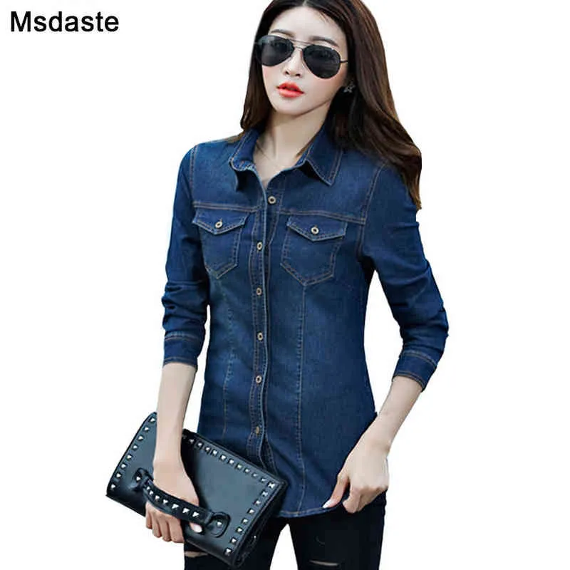 Jeans Shirt women 2019 Long Sleeve Slim Casual Vintage Elastic Ladies Denim Shirts Tops Blusas Feminina Woman Blouses and Tops H1230