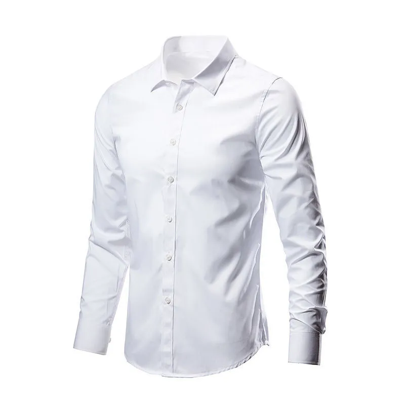 Herrens vita klänning Solid Short-Sleeved Bambu Fiber Shirt Slim Fit Rynka Gratis Casual Shirt Chemise Långärmad Lättvård Elastisk Bröllop Arbete Uniform
