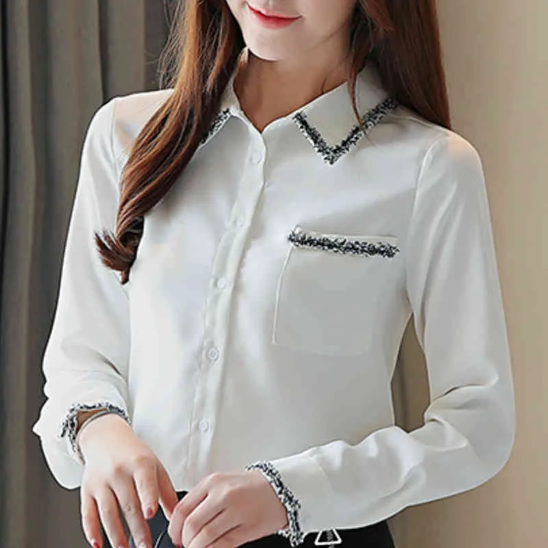 Mode femme Blouses col rabattu bureau dames hauts chemisier blanc à manches longues femmes chemises en mousseline de soie Blouse femmes B912 210426