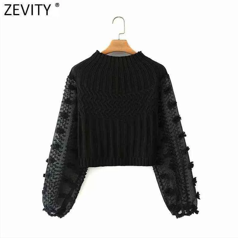 Moda-Zevity Donna Moda Appliques Chiffon Manica a lanterna Patchwork Maglione corto lavorato a maglia Ladies Chic Pullover Top S631