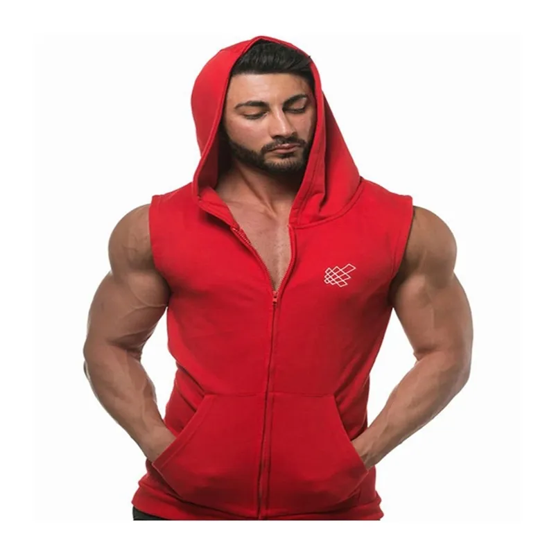 Mężczyźni Tank Topy Mięśni Bez Rękawów Sportowa Męskie Trening Siłownia Tank Top Kapturem Zipper Bawełniany Kulturystyka Tanktop Run Solid Camiany 210623