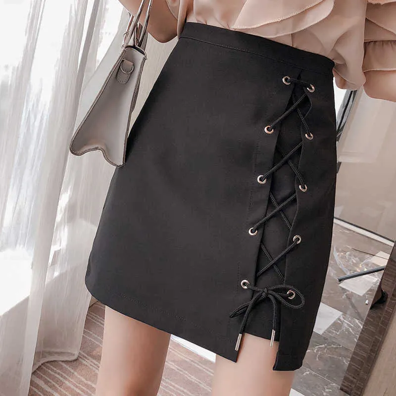 Spring and Autumn High Quality Tight-fitting Lace-up Ladies Skirt Casual Professional Waist Black Female Short 210527