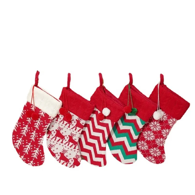 Knit Christmas Socks Stockings Decor Xmas Trees Ornament Party Decorations Reindeer Snowflake Stripe Candy Sock Bags Gifts M3732
