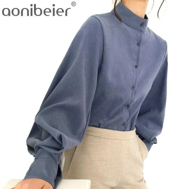 Stand Collar Lange Vrouwen Blouses Herfst Katoen Casual Button Up Lantern Sleeve Office Dame Shirts Tops 210604
