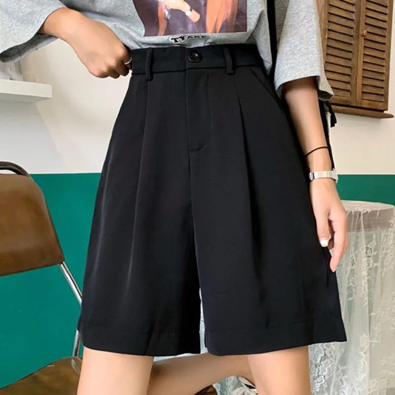 Women's Pants & Capris High Waist Women Shorts Knee Length Half Wide Leg Loose Button Black Summer Fashion Streetwear Short Plus Size