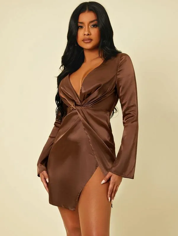 SXY Plunging Neck Twist Front Wrap Satin Dress SHE