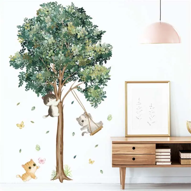 Mignon Swing Kitten Stickers Muraux Enfants chambres Chambre Décoration Murale Vert Arbre Stickers pour Salon Vinyle Art Peintures Murales Décoration de La Maison 210929