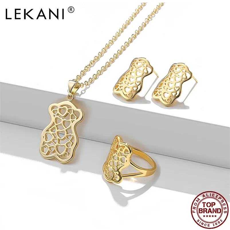 Lekani Conjuntos de joyas de oso lindo para las mujeres Moda Hallow Heart Design Colgante Unisex Collares Pendientes Anillo Regalo de boda 210701