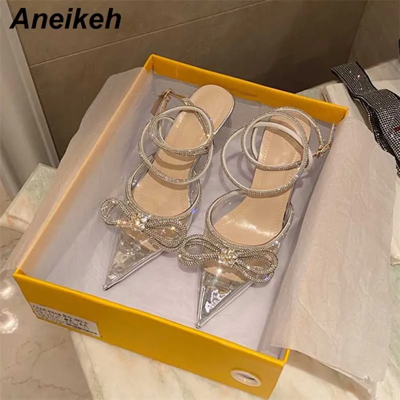 Aneikeh İlkbahar / Sonbahar 2022 kadın Ayakkabıları Moda Kelebek-Düğüm Dar Bant Bling Patchwork Çapraz Bağlı Kristal Sivri Burun Pompaları 220114