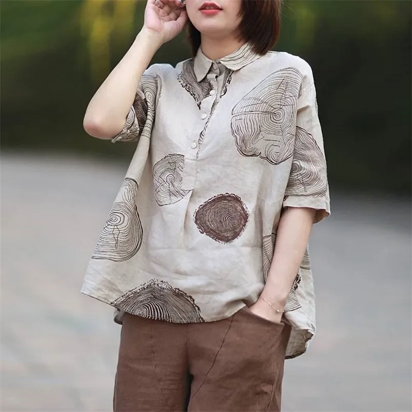 Sommar Kvinnor Plus Storlek Kortärmad Vintage Bomull Linne Blusar Paisley Skriv ut Loos Casual Shirt Lady Tops P12 210512