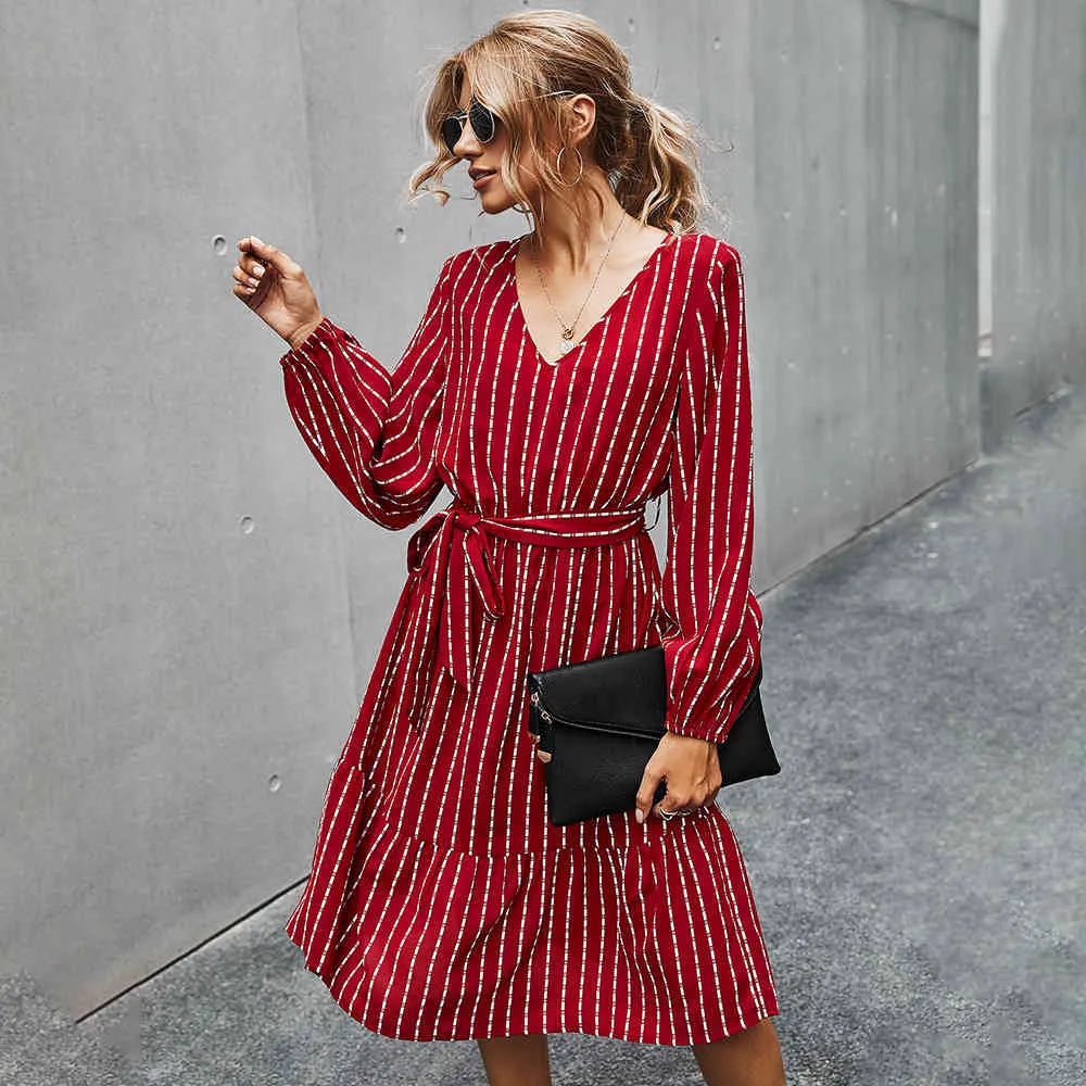 Women Elegant Autumn Winter Dresses V-neck Casual A-Line Midi Dress Vintage Red Yellow Striped Sashes Lace-up Veatidos 210415