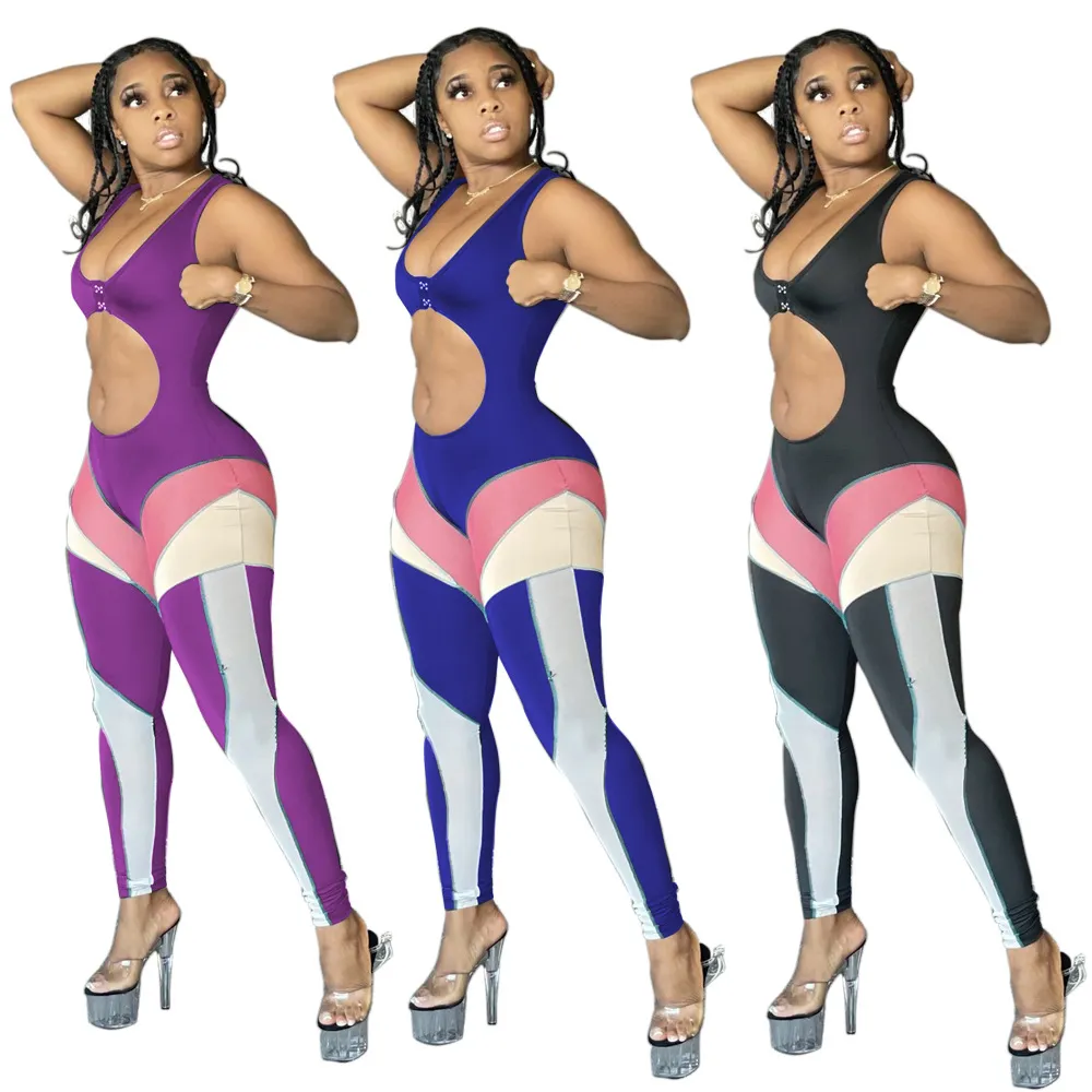 Vêtements de sport couleur bloc épissure maigre barboteuses femmes taille bande découpée sans manches Club tenue décontracté entraînement Sport combinaison