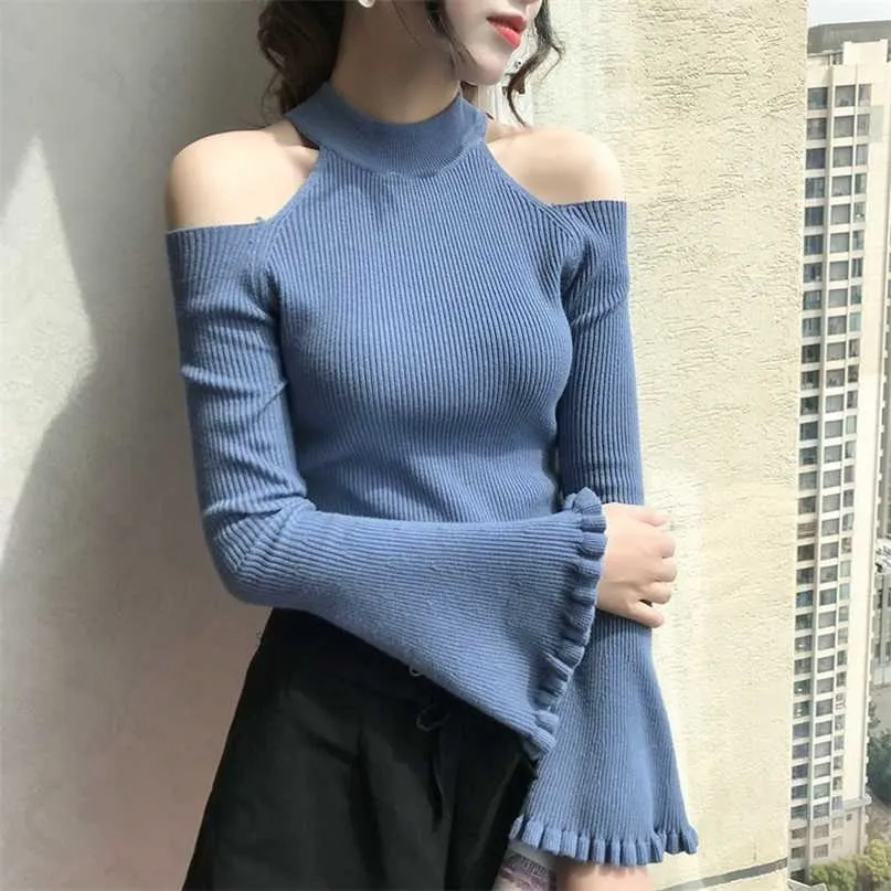 Autumn Sexy Single-shoulder Flared Sleeve Female Thin Sweater Women Computer Knitted Turtleneck Pullover Shirt Sweaters 211011