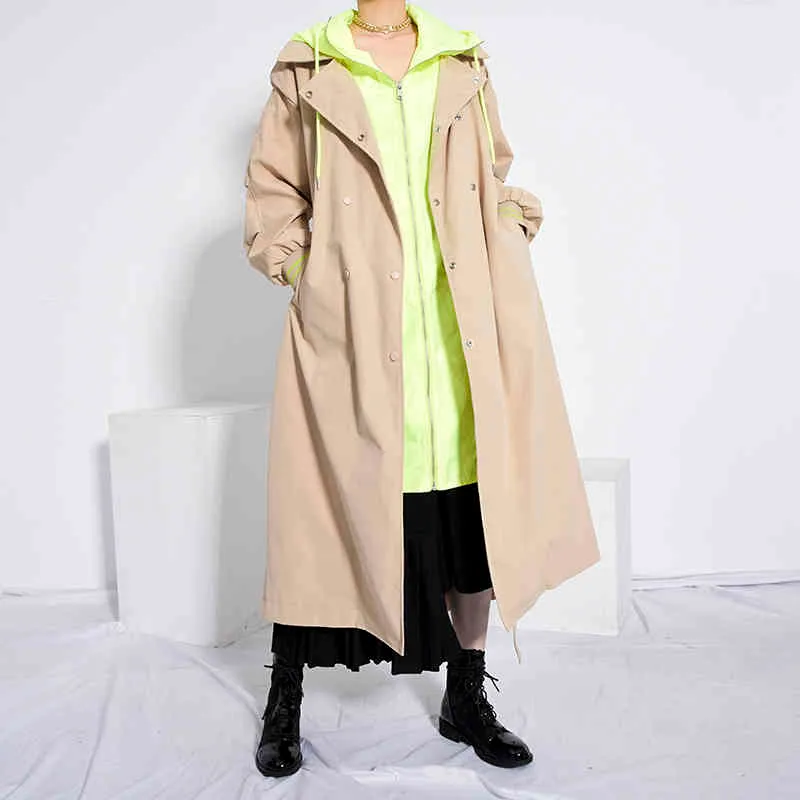 Bahar Kapşonlu Trençkot Artı Boyutu Haki Uzun Kadın Trençkot Palto Güz Giysileri Kadın Rüzgarlık 210510