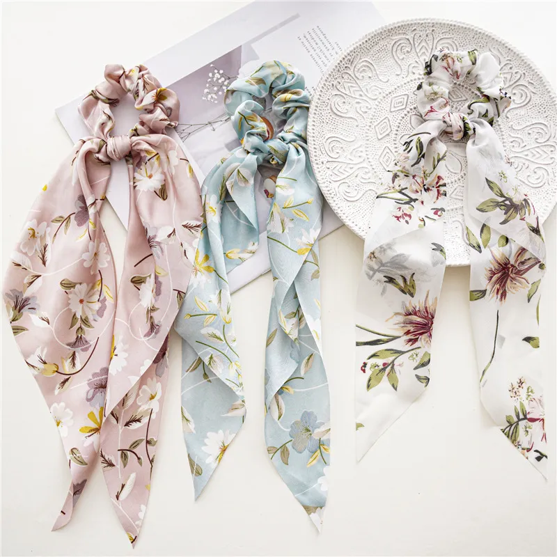 Chiffon Floral Print Scrunchie Elastic Hairband Knotted Bow Long Ribbon Ponytail Holder Scarf Hair Tie Sweet Hair Accesories