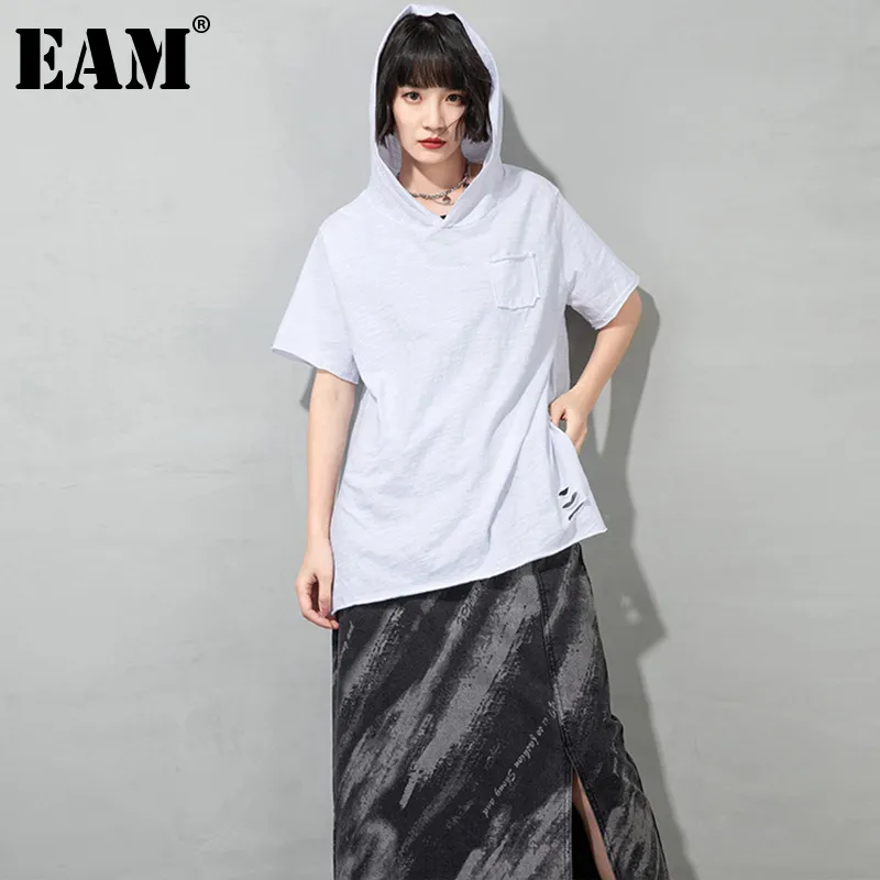 [Eam] Mulheres Branco Tamanho Big Slit Hooded Buraco Casual Bolso T-shirt de manga curta Moda Primavera verão 1d8136 210512
