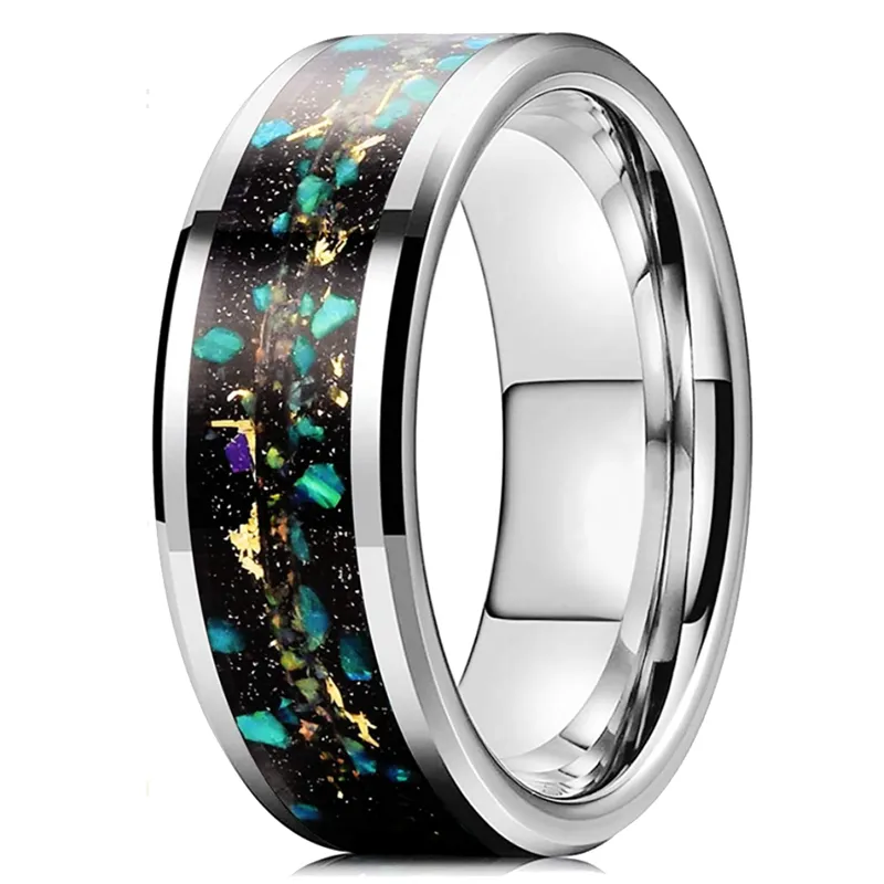 結婚指輪のトレンディな8mmの男性ギャラクシータングステンカーバイドリングカラフルなオパール隕石inlaidバンドジュエリー